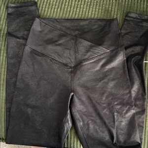 🎉5/$25 Cross front shimmer Black Faux Leather High-Waist Leggings